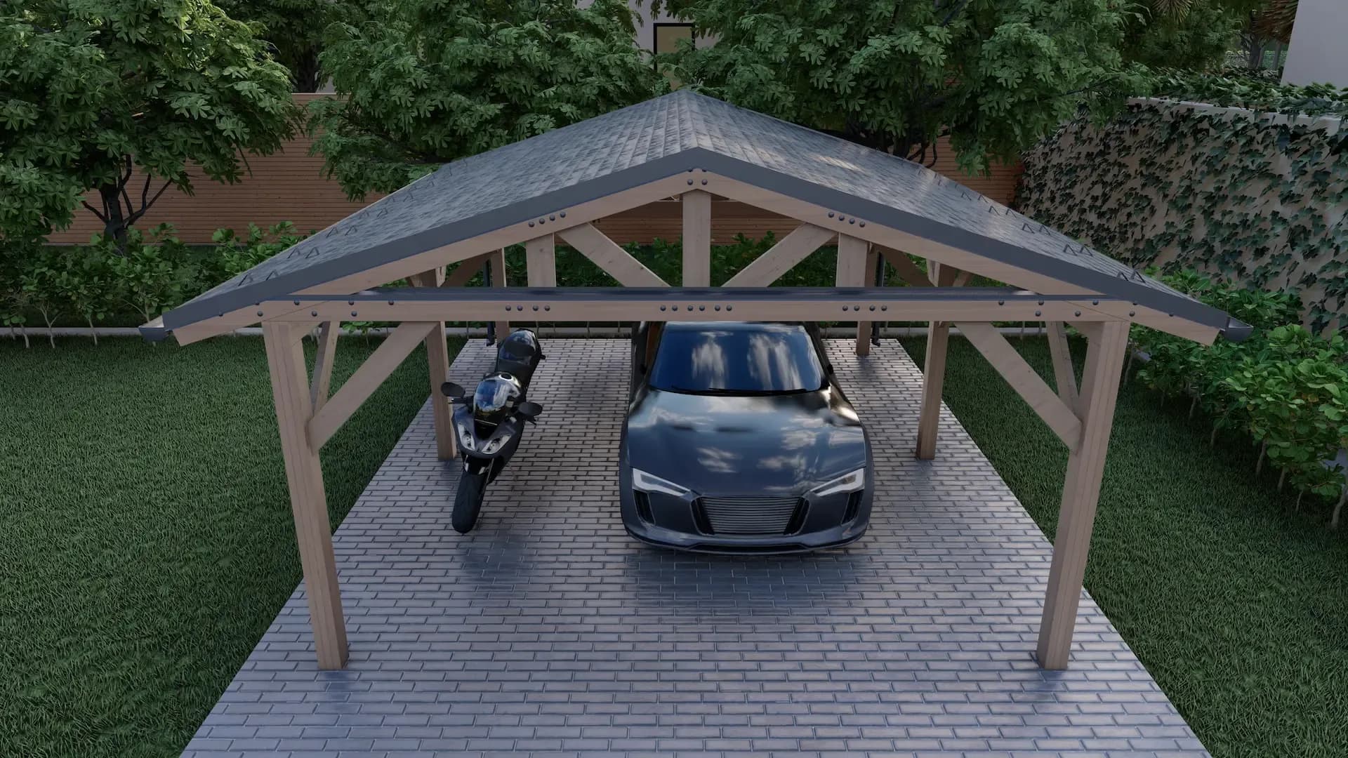 Навес для авто из бруса 4,5×6 под ключ