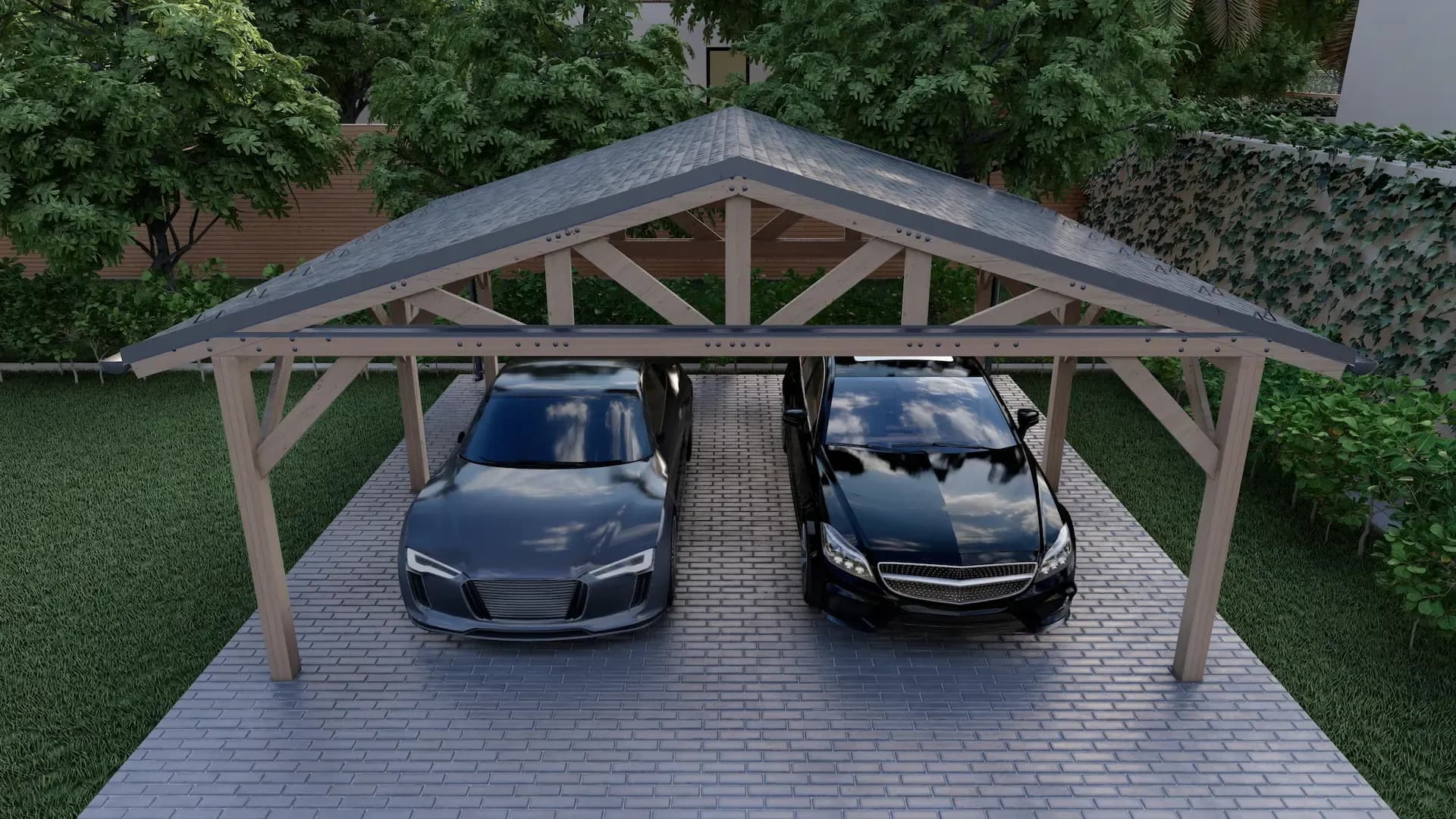 Навес для авто из бруса 6×6 под ключ