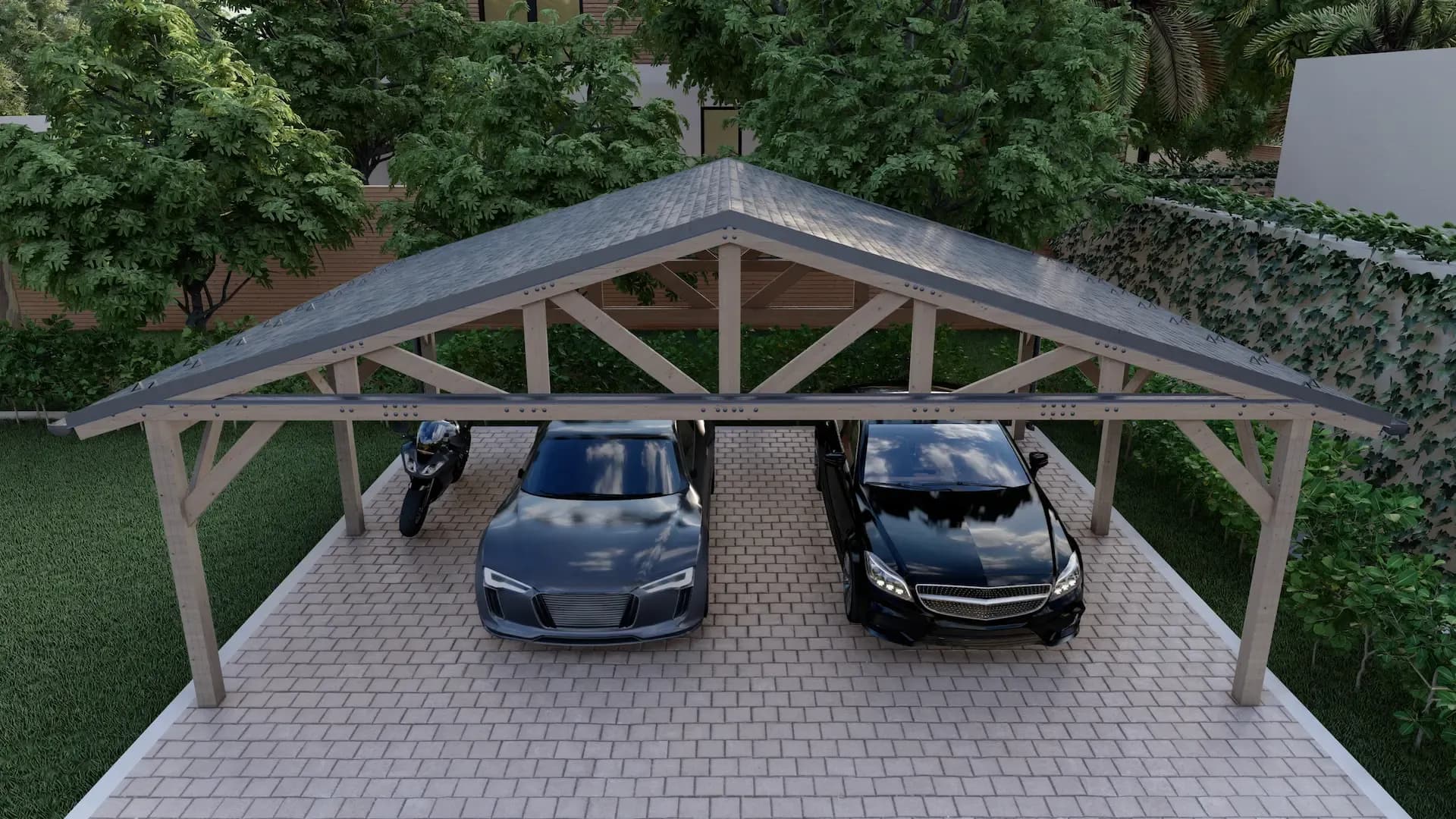 Навес для авто из бруса 7,5×6 под ключ